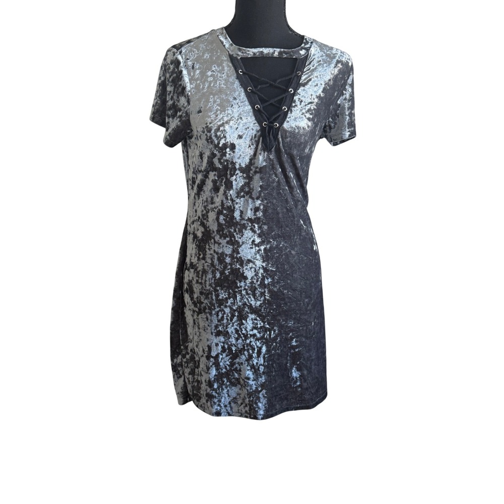 Adam Levine Womens Fairy Grunge Silver Crushed Velvet Lace Up Dress M Metallic